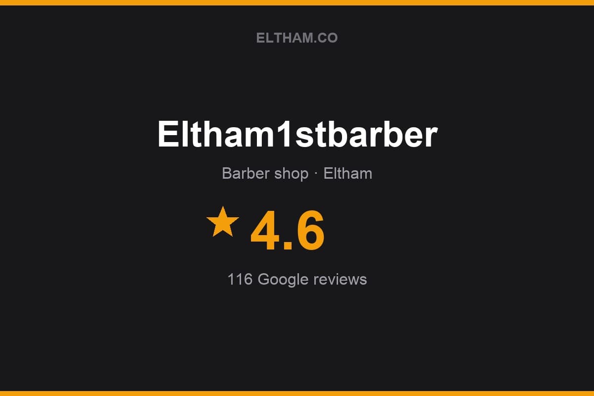 Branded Eltham.co rating card for Eltham1stbarber: 4.6 stars, 116 Google reviews