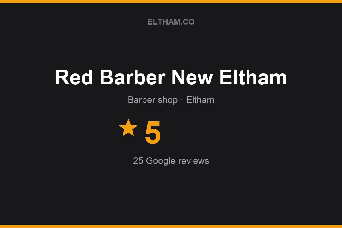 Branded Eltham.co rating card for Red Barber New Eltham: 5 stars, 25 Google reviews