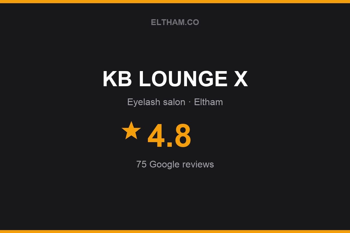 Branded Eltham.co rating card for KB LOUNGE X: 4.8 stars, 75 Google reviews