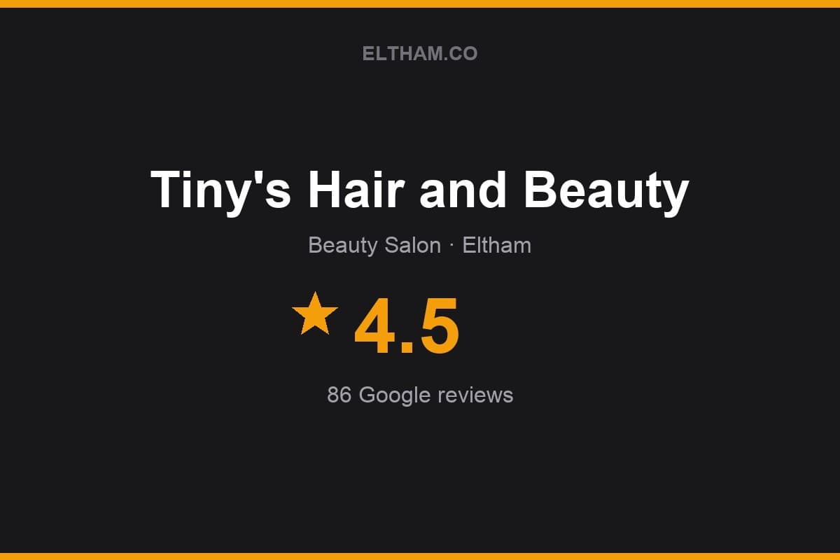 Branded Eltham.co rating card for Tiny's Hair and Beauty: 4.5 stars, 86 Google reviews