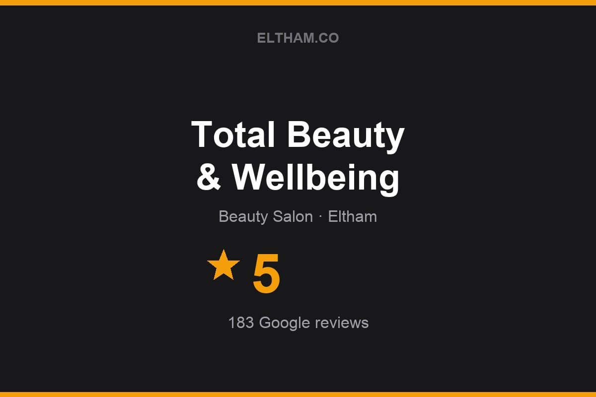 Branded Eltham.co rating card for Total Beauty & Wellbeing: 5 stars, 183 Google reviews