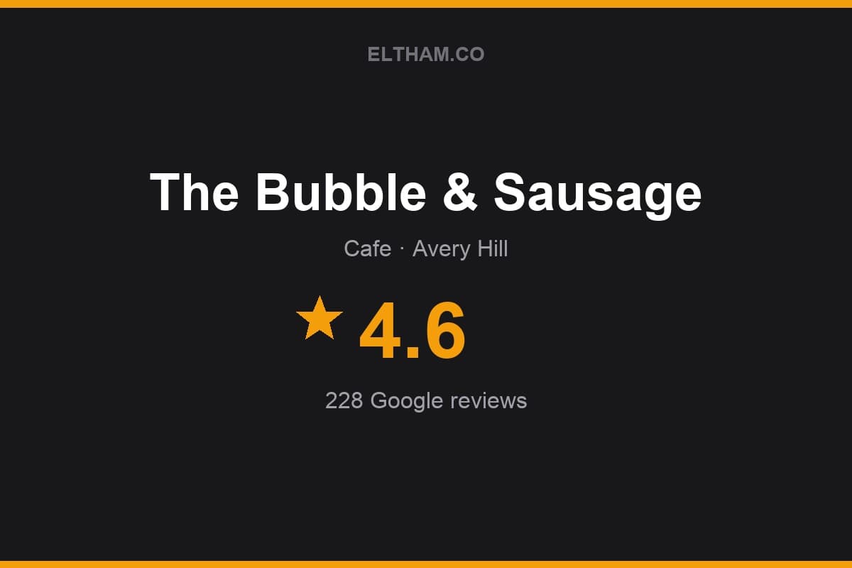 Branded Eltham.co rating card for The Bubble & Sausage: 4.6 stars, 228 Google reviews