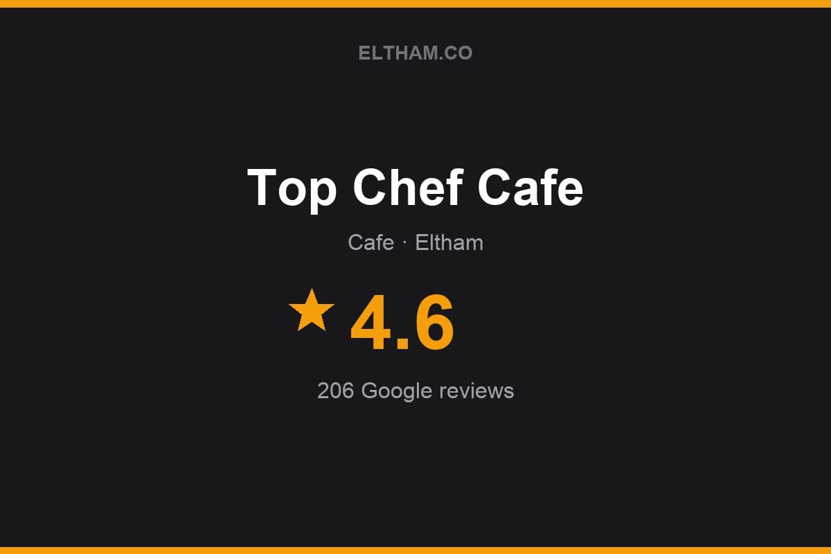 Branded Eltham.co rating card for Top Chef Cafe: 4.6 stars, 206 Google reviews