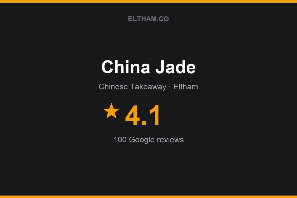 Branded Eltham.co rating card for China Jade: 4.1 stars, 100 Google reviews