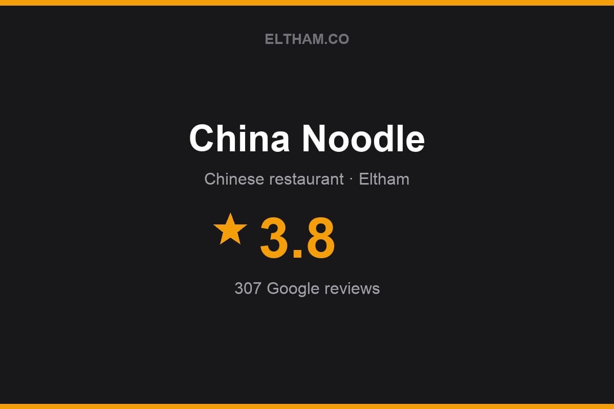 Branded Eltham.co rating card for China Noodle: 3.8 stars, 307 Google reviews