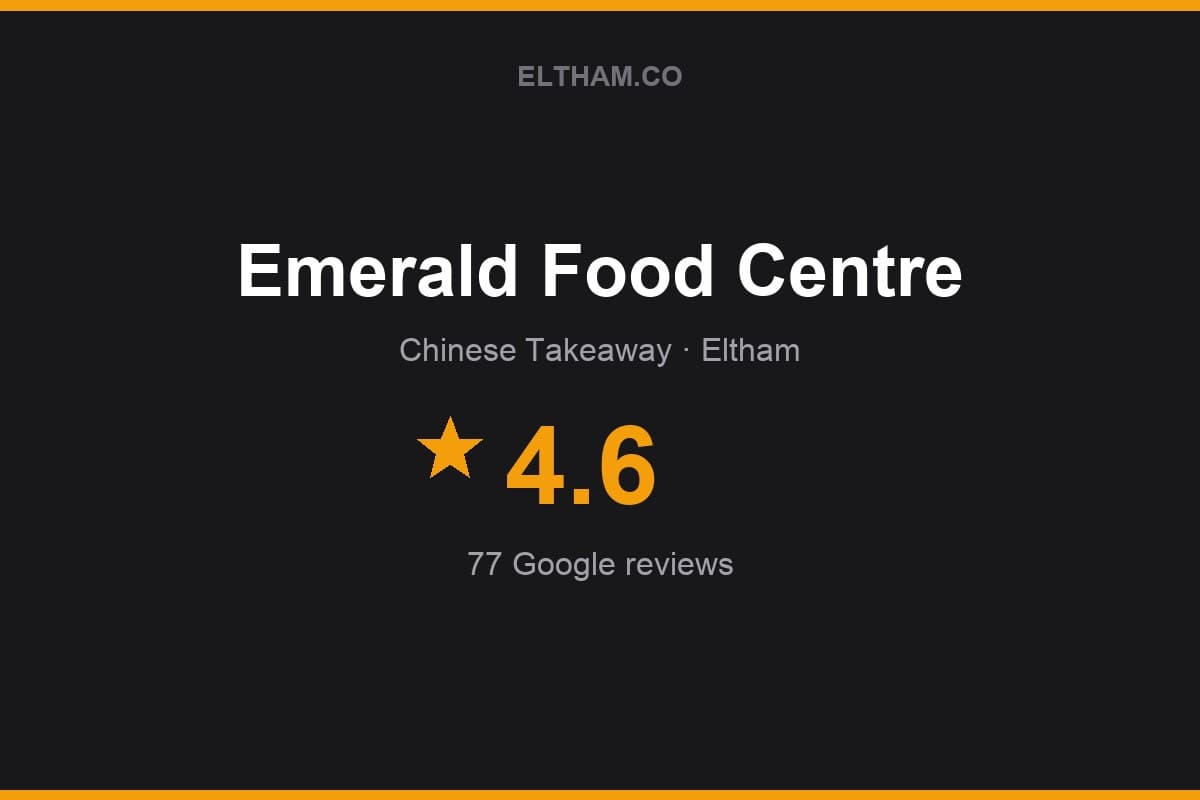 Branded Eltham.co rating card for Emerald Food Centre: 4.6 stars, 77 Google reviews