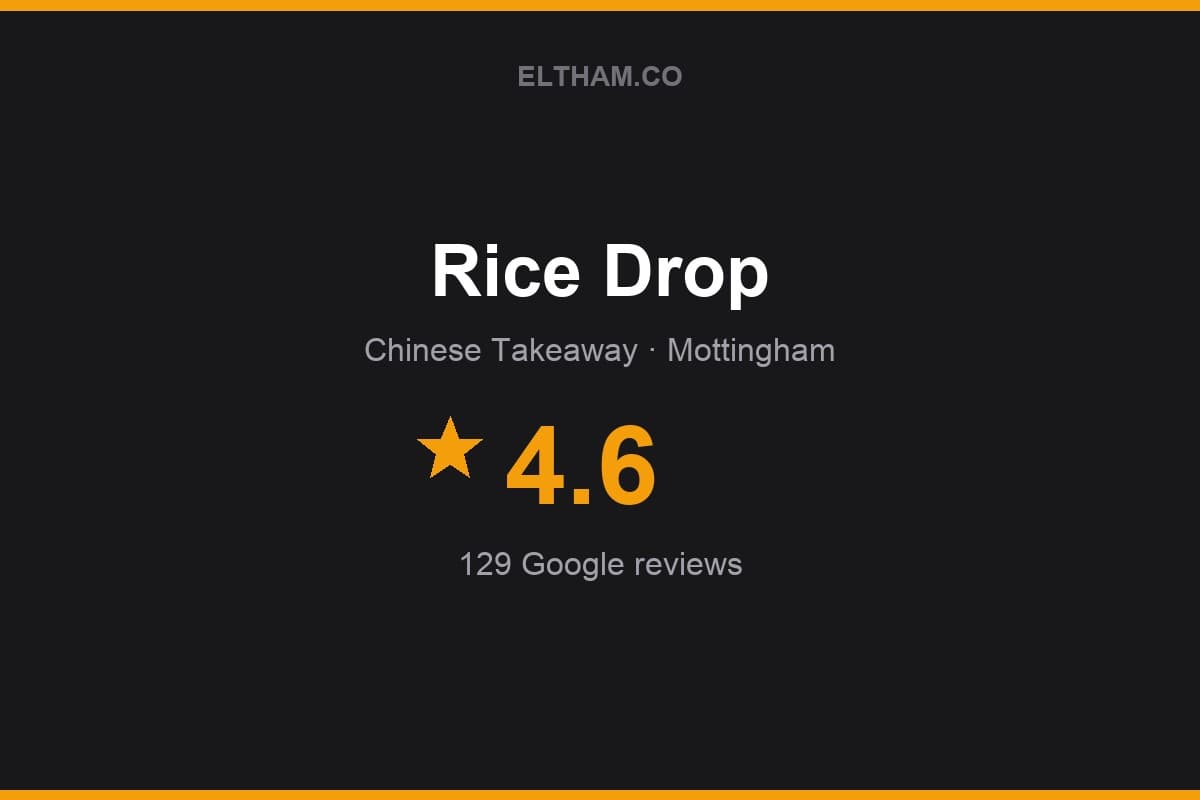 Branded Eltham.co rating card for Rice Drop: 4.6 stars, 129 Google reviews
