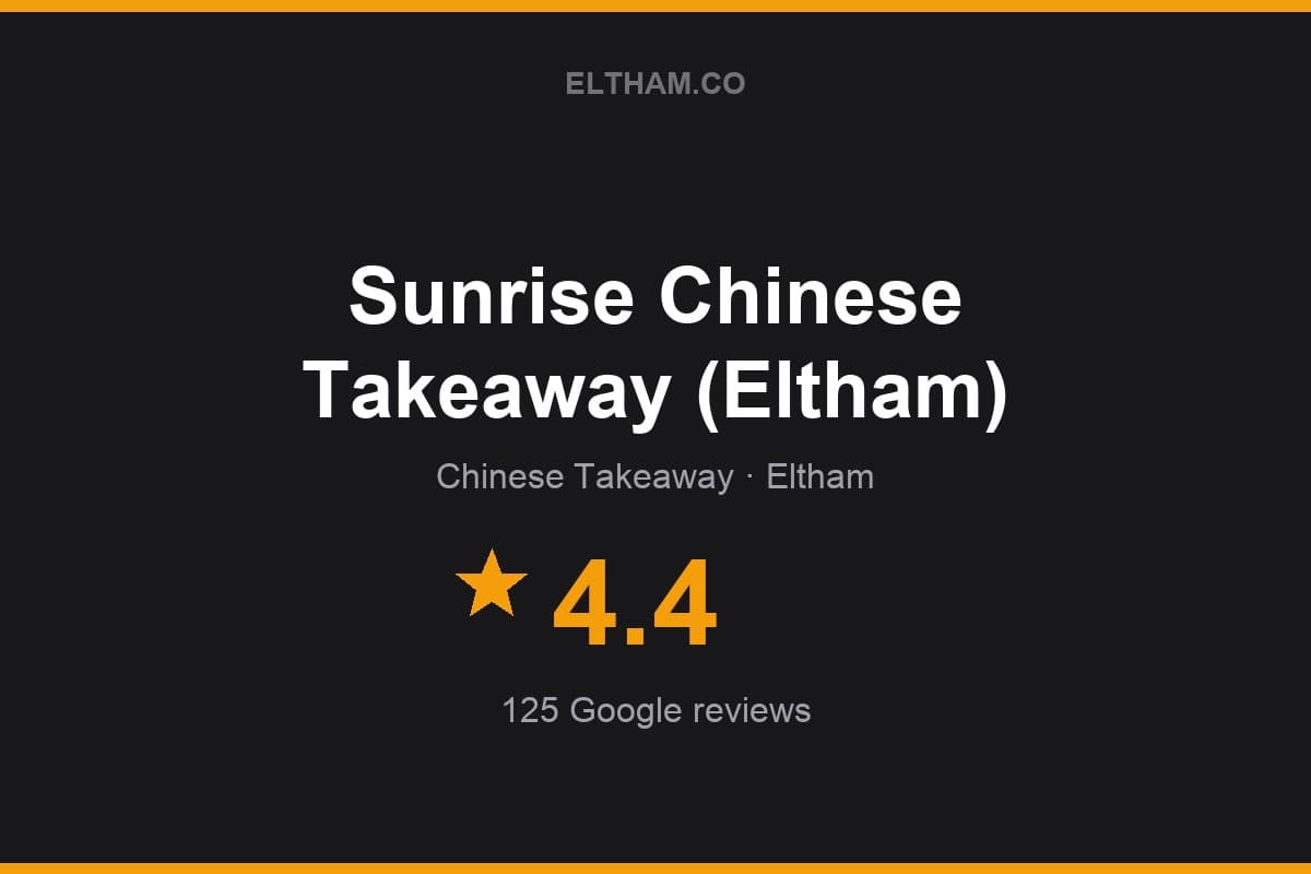 Branded Eltham.co rating card for Sunrise Chinese Takeaway (Eltham): 4.4 stars, 125 Google reviews