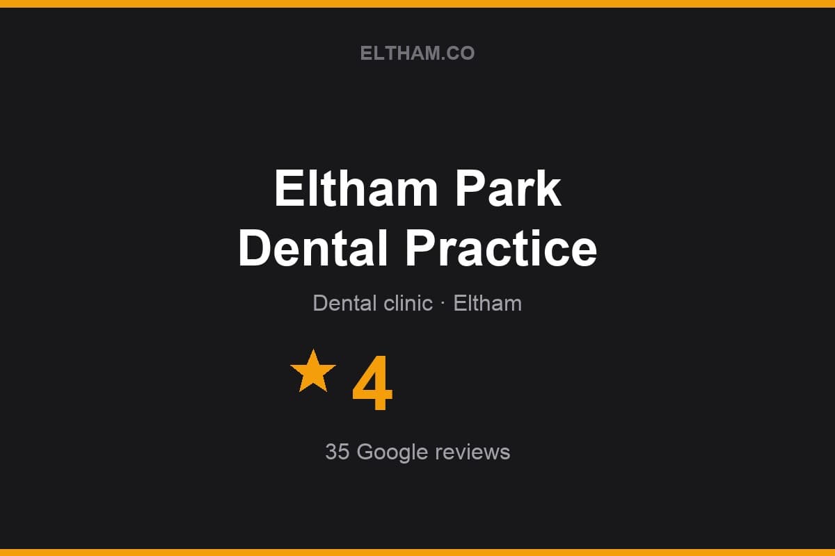 Branded Eltham.co rating card for Eltham Park Dental Practice: 4 stars, 35 Google reviews