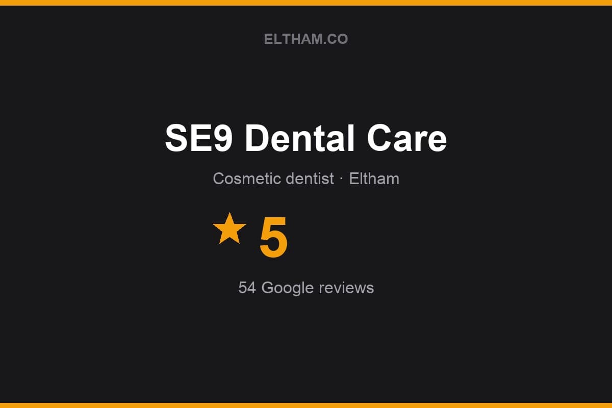 Branded Eltham.co rating card for SE9 Dental Care: 5 stars, 54 Google reviews