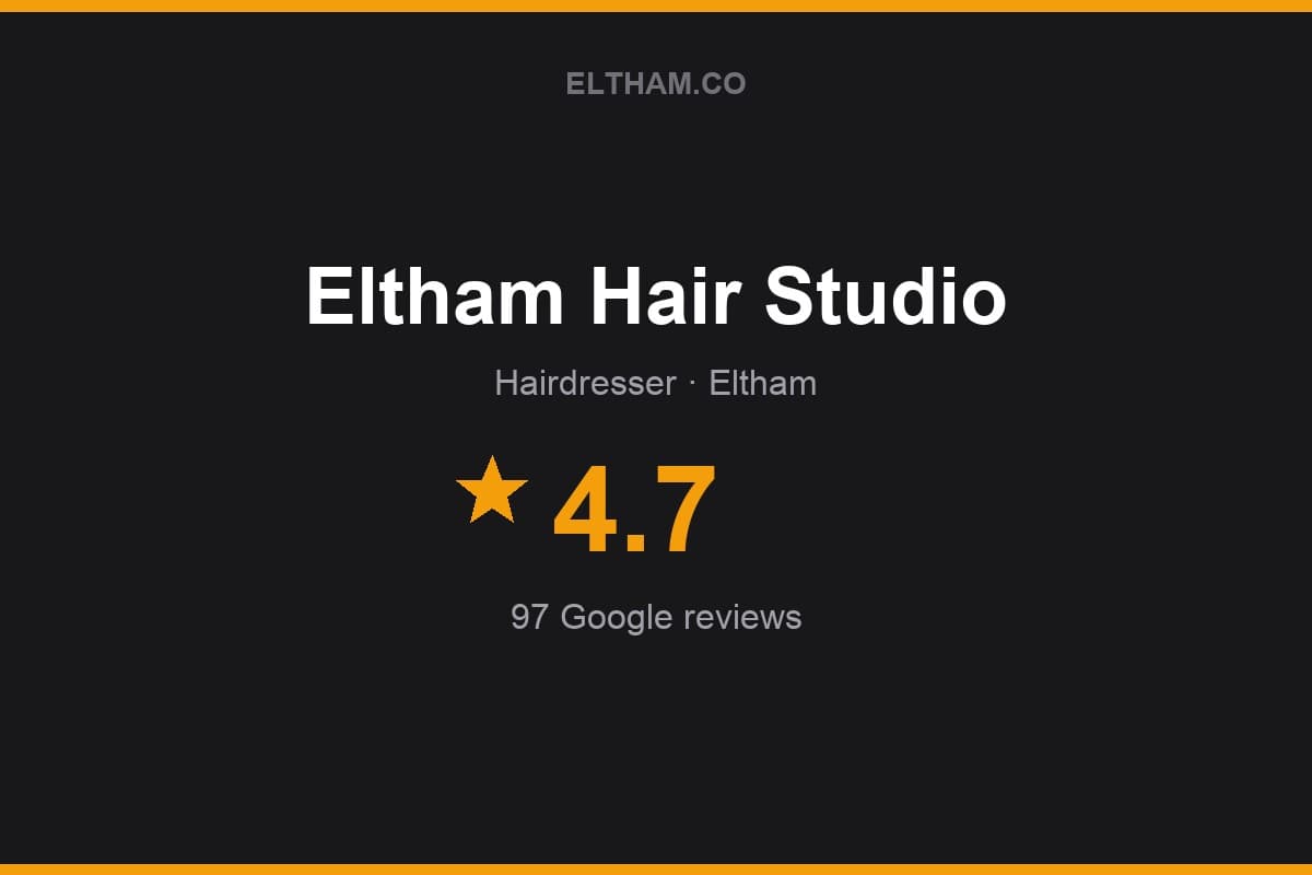 Branded Eltham.co rating card for Eltham Hair Studio: 4.7 stars, 97 Google reviews