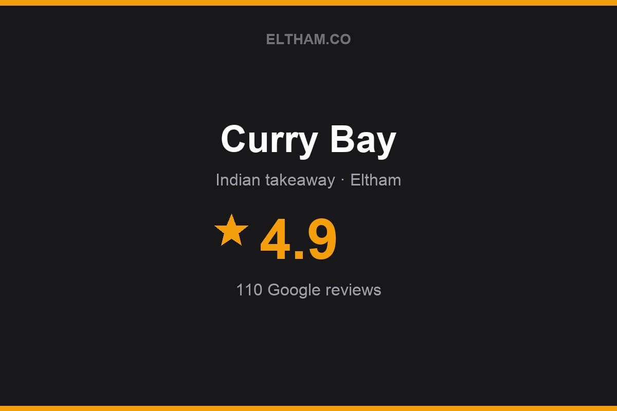 Branded Eltham.co rating card for Curry Bay: 4.9 stars, 110 Google reviews