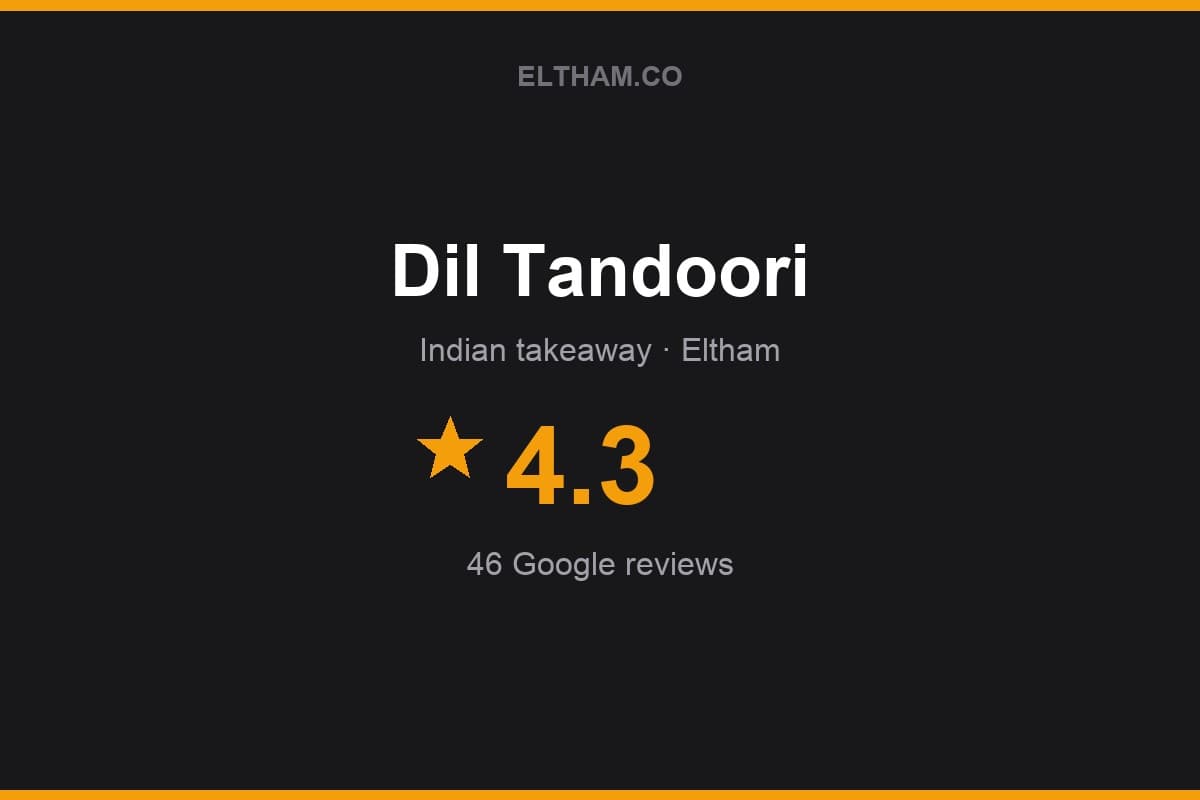Branded Eltham.co rating card for Dil Tandoori: 4.3 stars, 46 Google reviews
