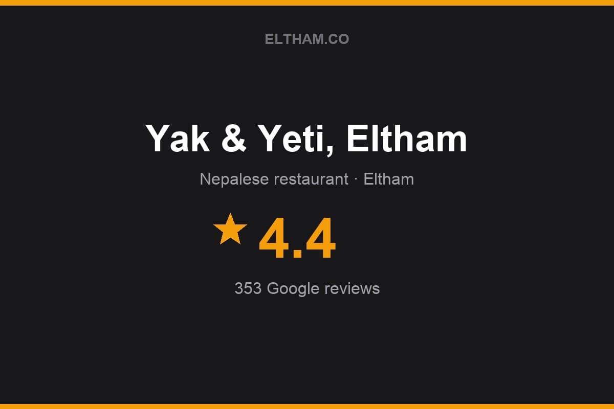 Branded Eltham.co rating card for Yak & Yeti, Eltham: 4.4 stars, 353 Google reviews