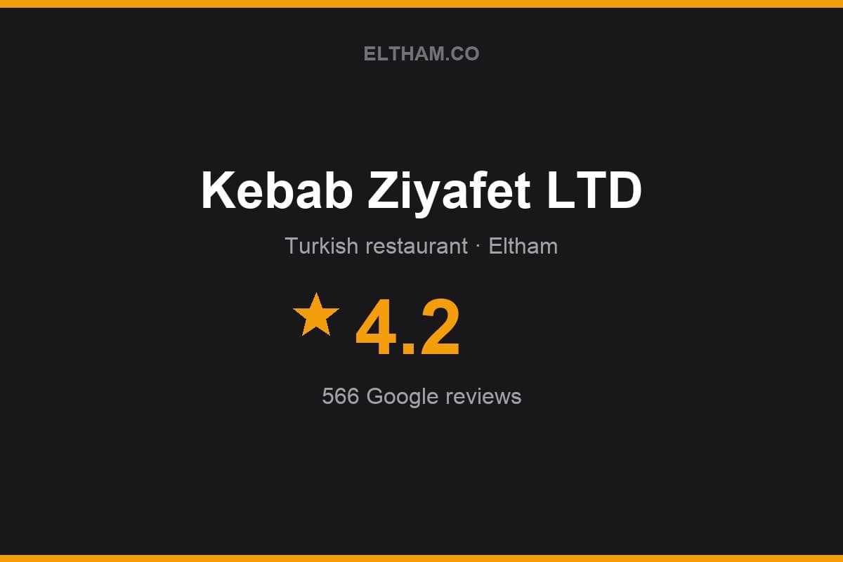 Branded Eltham.co rating card for Kebab Ziyafet LTD: 4.2 stars, 566 Google reviews