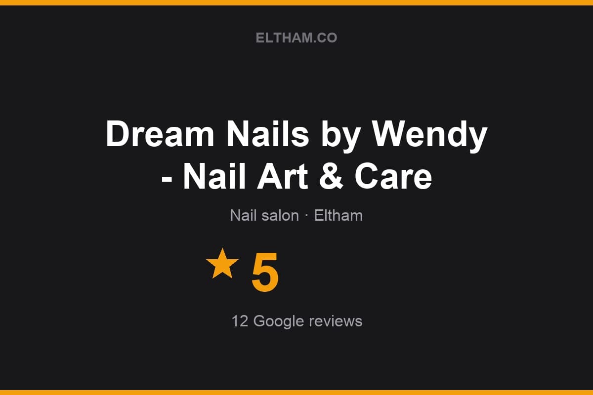 Branded Eltham.co rating card for Dream Nails by Wendy - Nail Art & Care: 5 stars, 12 Google reviews