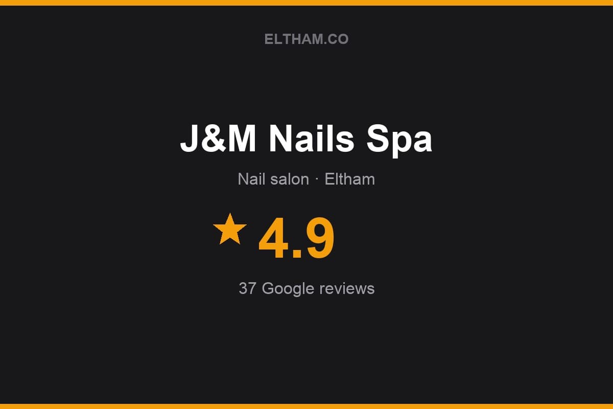 Branded Eltham.co rating card for J&M Nails Spa: 4.9 stars, 37 Google reviews