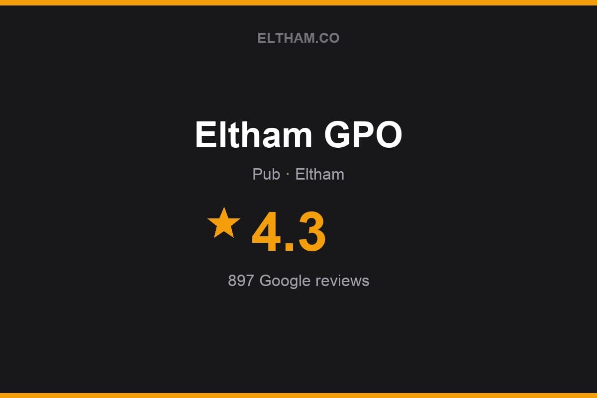 Branded Eltham.co rating card for Eltham GPO: 4.3 stars, 897 Google reviews