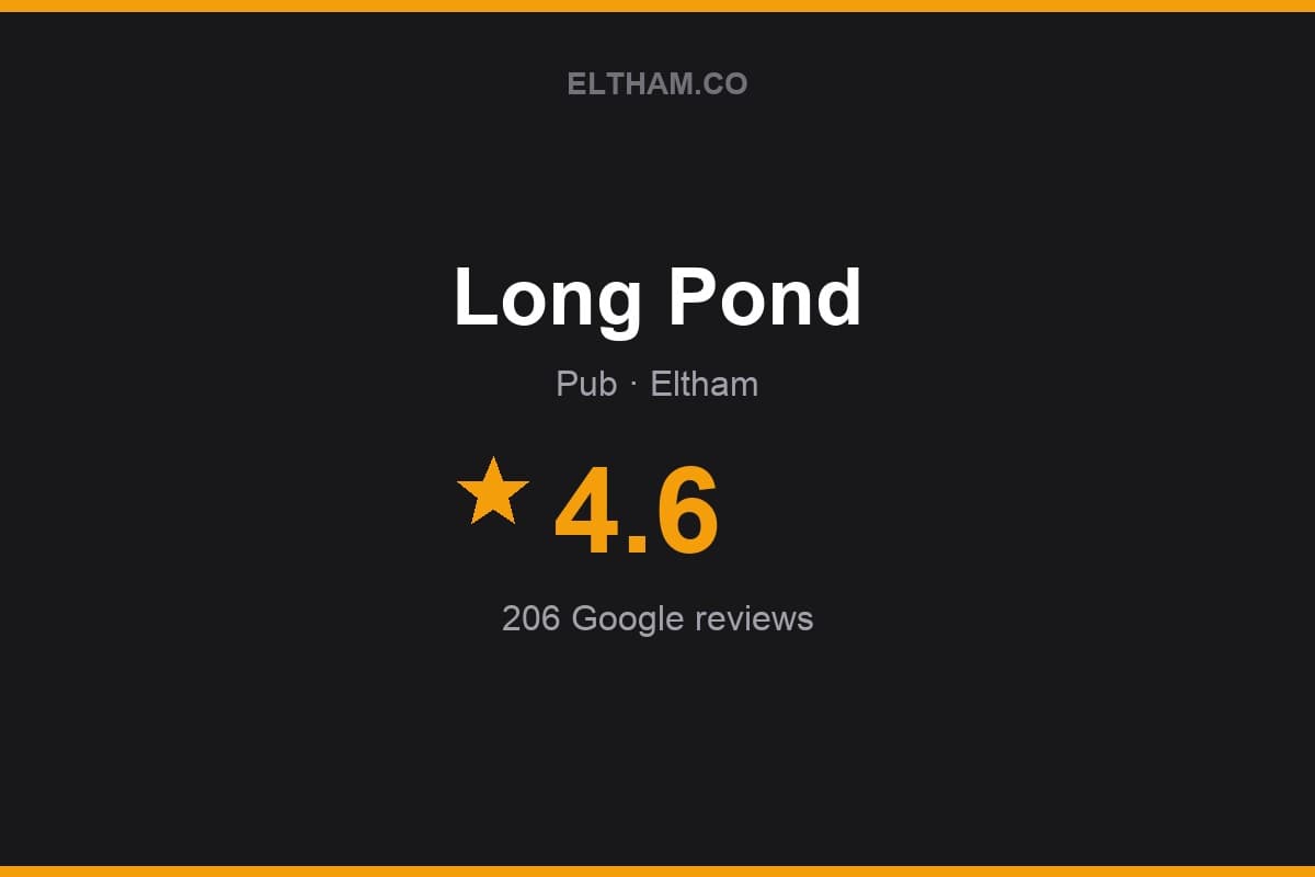 Branded Eltham.co rating card for Long Pond: 4.6 stars, 206 Google reviews