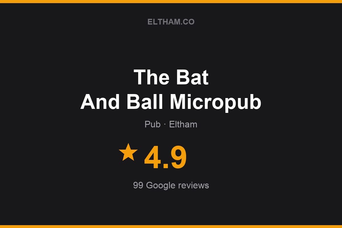 Branded Eltham.co rating card for The Bat And Ball Micropub: 4.9 stars, 99 Google reviews