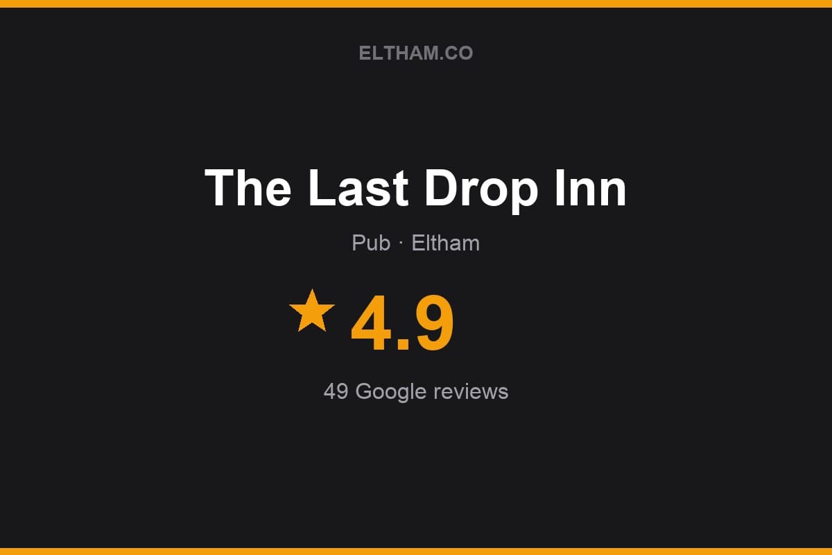 Branded Eltham.co rating card for The Last Drop Inn: 4.9 stars, 49 Google reviews