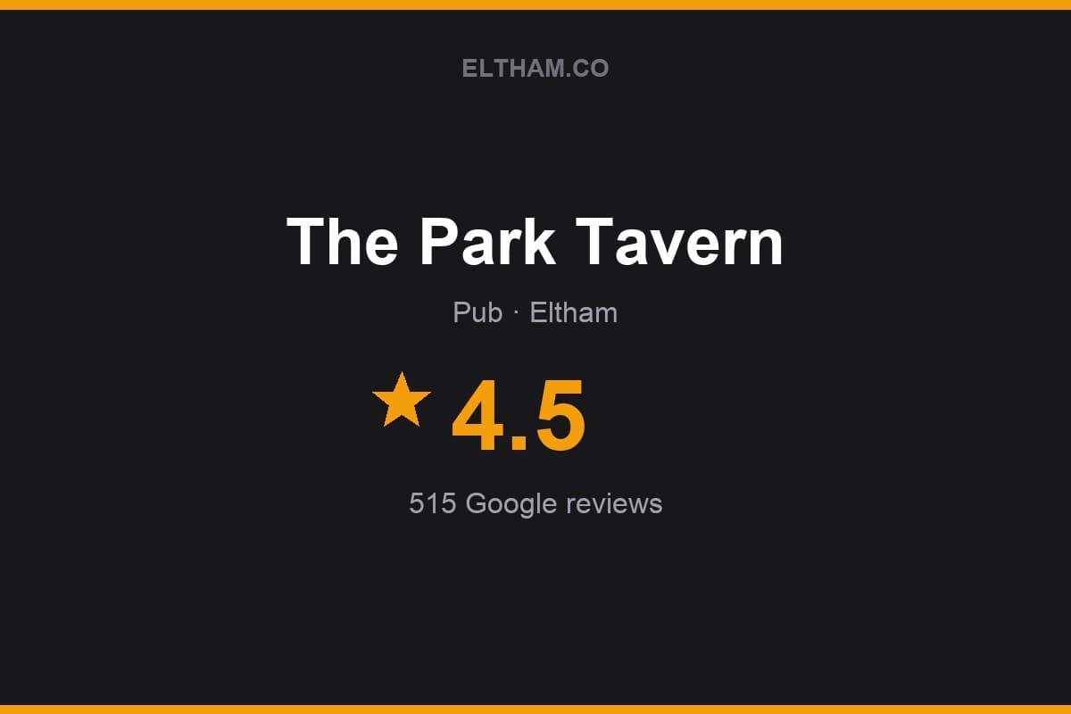 Branded Eltham.co rating card for The Park Tavern: 4.5 stars, 515 Google reviews