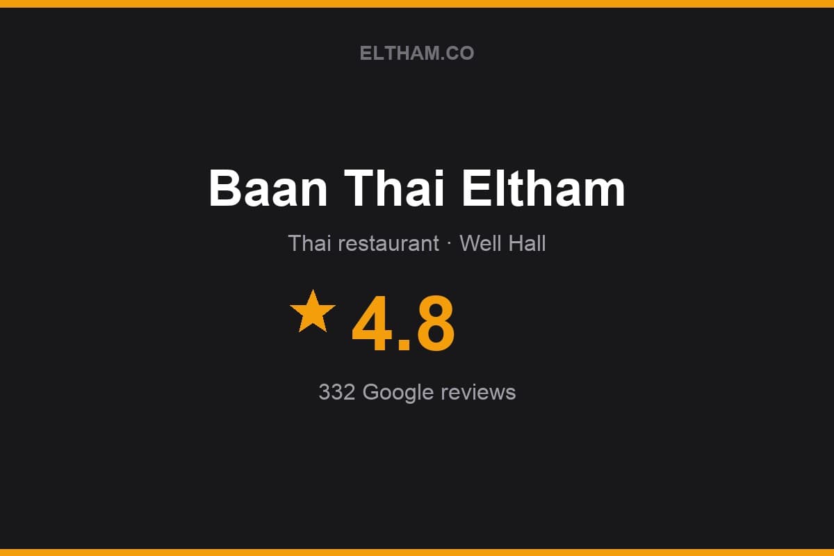 Branded Eltham.co rating card for Baan Thai Eltham: 4.8 stars, 332 Google reviews
