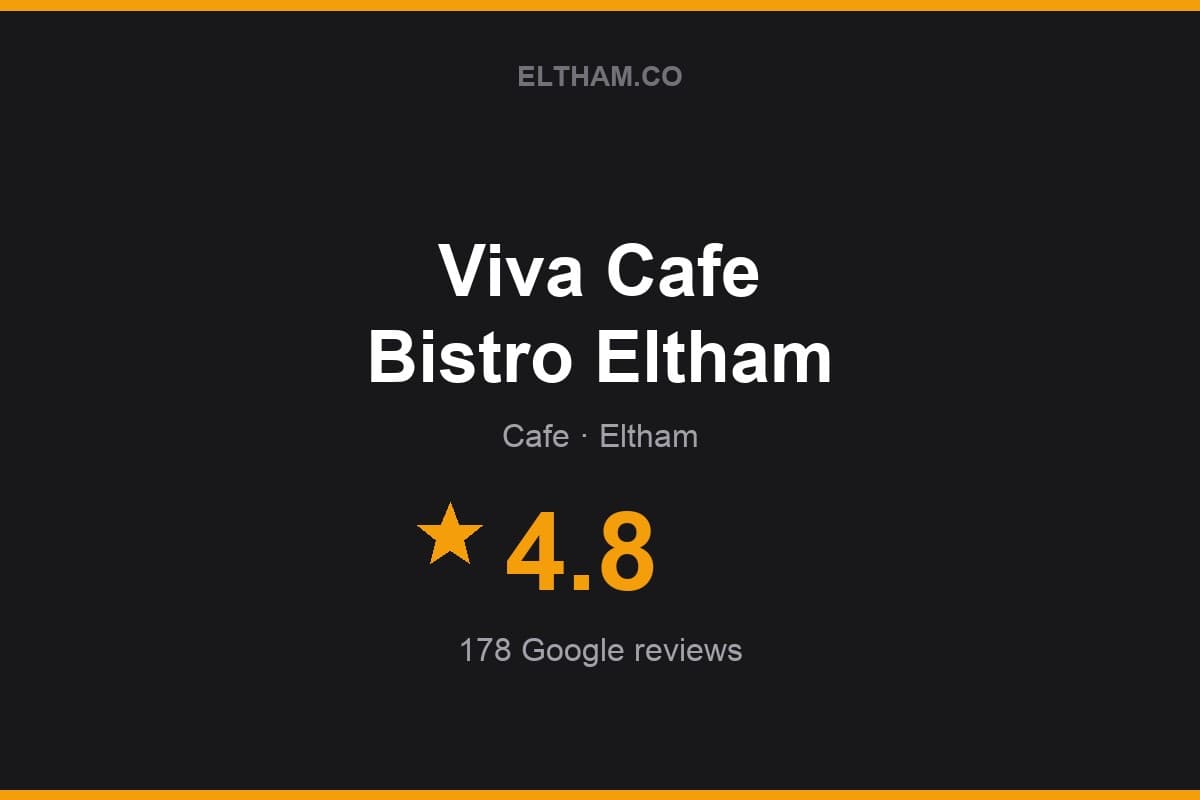 Branded Eltham.co rating card for Viva Cafe Bistro Eltham: 4.8 stars, 178 Google reviews